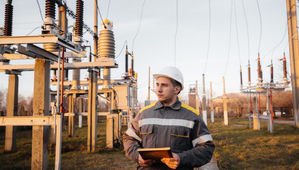 The energy engineer inspects the equipment of the substation. Power engineering. Industry. The energy engineer inspects the equipment of the substation. Power engineering. Industry